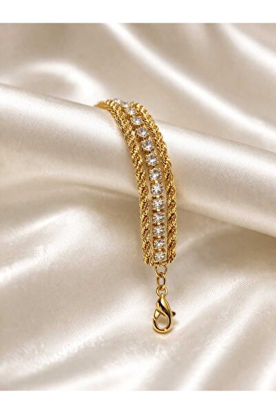 Furtek Aksesuar Gold Chain Detail Steel Bracelet with Stones Waterway Gold Co...