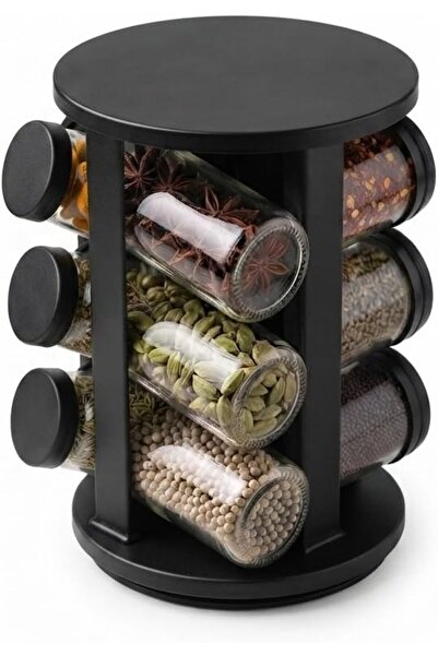Generic Rotating Spice Rack with 12 Glass Jars, Black