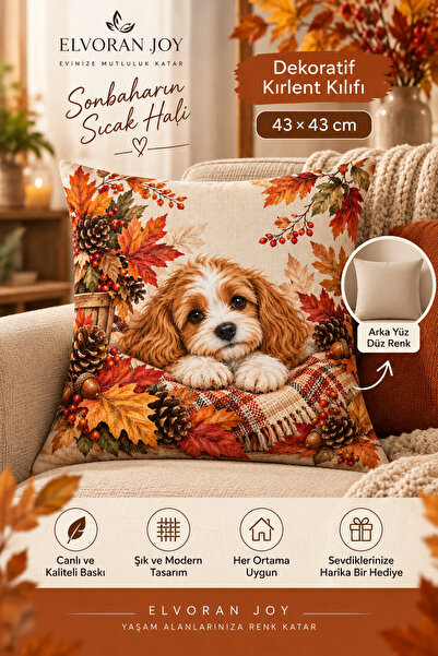 ELVORAN JOY Güz Temalı Sevimli Köpek Desenli Dekoratif Kırlent Kılıfı 43×43 c...