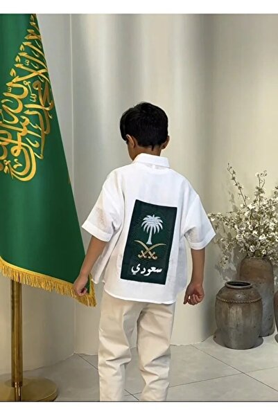 Genaric قميص اطفال بتطريز انيق سيفين ونخلة يتميز بتطريز أخضر لشعار السيفين وا...