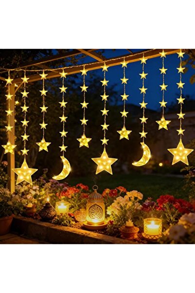 Pomefar زينة رمضان، أضواء ستارة نجمية وهلالية بـ 135 مصباح LED، أضواء ساحرة ل...
