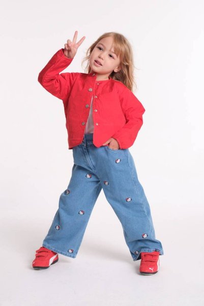 Generic Brand Girl's Heart Patterned Quilted Jacket & Embroidered Jeans Set