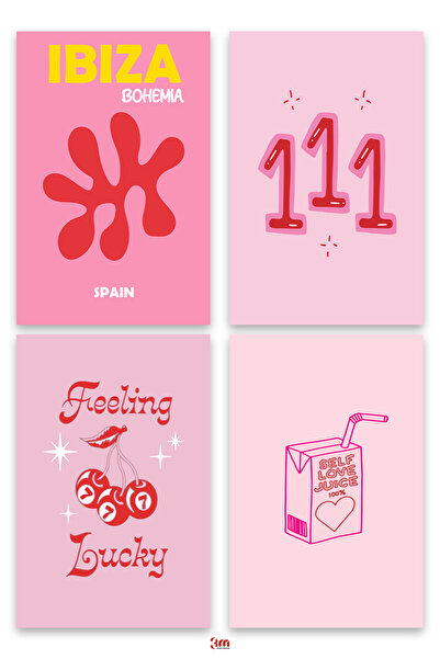 4'lü Pembe Poster Seti – Ibiza, Feeling Lucky, 111 ve Self Love Juice Duvar Posteri (Çerçevesiz)