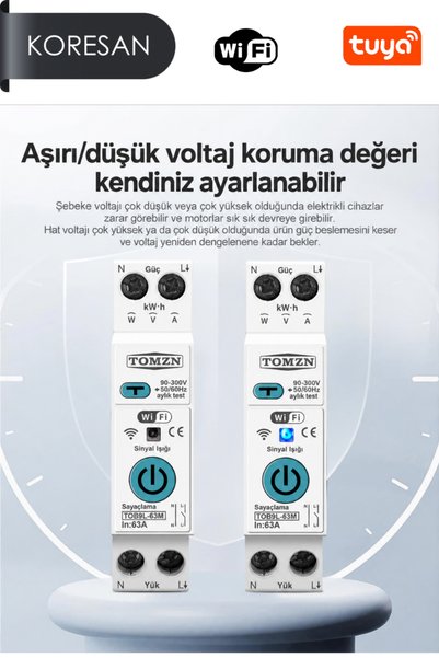 koresan TOB9L-63M Tuya WiFi 63A Akıllı Kaçak Akım, Voltaj ve Akım Koruma Rölesi