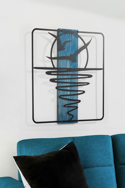 DEKORENZO Modern Tablo Güneş ve Martı Çizgisel Ahşap 50x56 cm Mavi