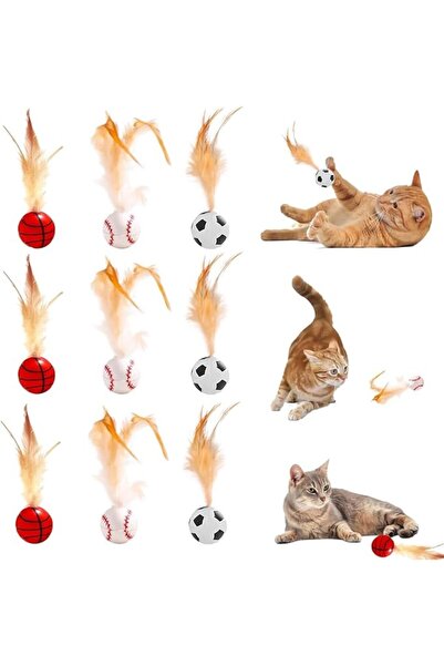 GENERAL Gomurai Cat Feather Ball Toys Set, 9 Pieces - Elastic Bouncy Cat Toys...