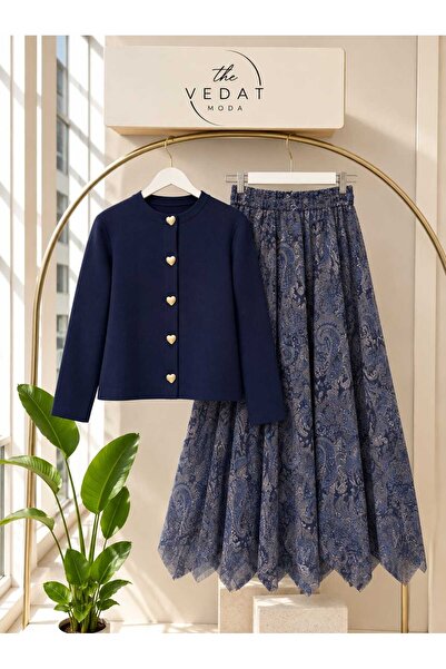 MODA VEDAT Women's Knitwear Cardigan Heart Button Detailed Skirt Set -0550