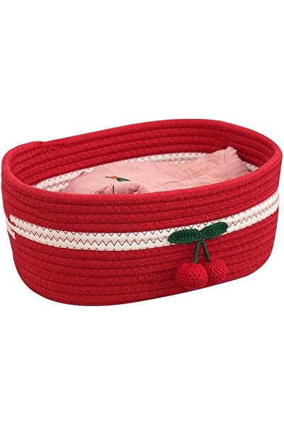 GENERAL Red Color Woven Small Cherry Basket with Handles, Oval Cotton Rope Gi...