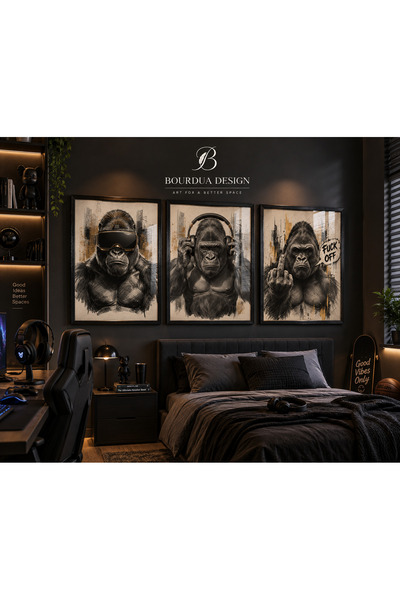 Bourdua Design Goril Temalı 3’lü Duvar Tablosu Seti | Gaming ve Genç Odası De...