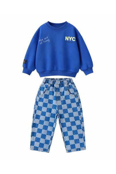 hety Nyc Check Boys' Set – Blue Sweatshirt & Checkered Jeans