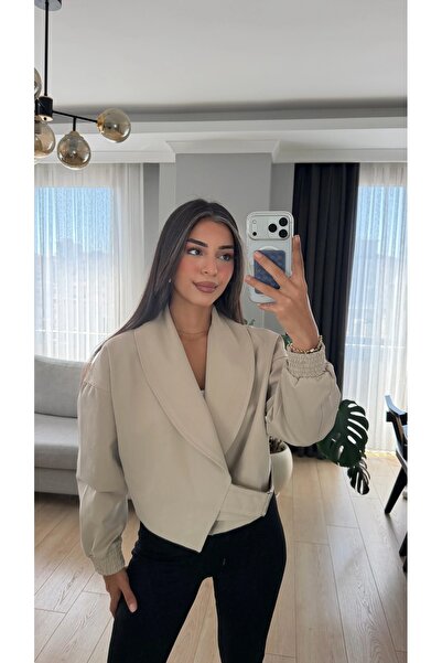 sisvabutik Kemer Detaylı Crop Ceket - Taş rengi