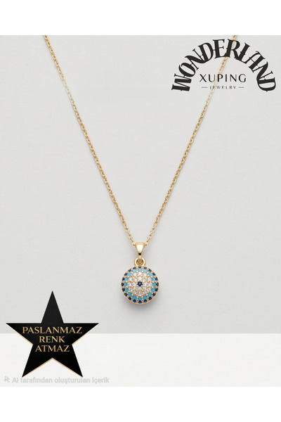 Nazar Boncuğu Kadın Kolye 45 cm - Boncuk Çapı 1 cm - 14K Altın Renginde - Kararmaz