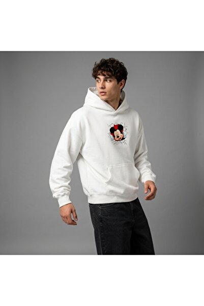 dompulerimoda Mi̇ck Mouse Printed White Unisex Oversize Hooded Sweatshirt Hoodie