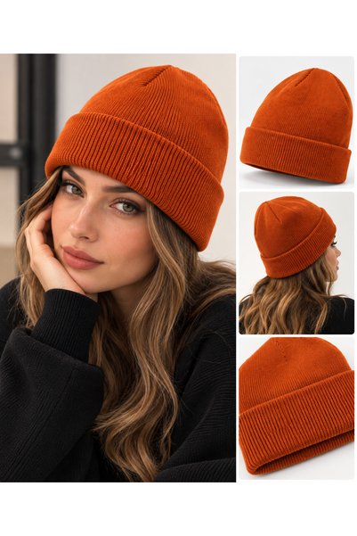 Valens Turuncu Unisex Triko Bere – Katlamalı Basic Kışlık Bere