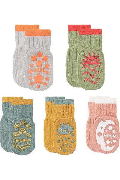 GENERAL 5 Pcs Baby Socks with Non Slip Grips Breathable Soft Cotton Socks for...