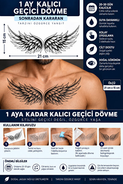 TattooLiva 1 Ay Kalıcı 24 Saat Sonra Kararan 15X21 cm Göğüs Sırt bel Kanat mo...