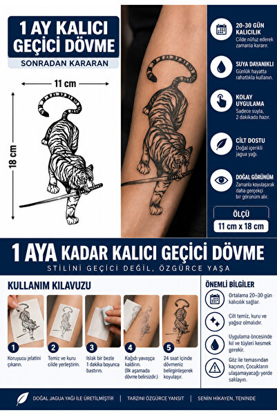 TattooLiva 1 Ay Kalıcı 24 Saat Sonra Kararan 11x18 cm Büyük Boy Katana Kaplan...