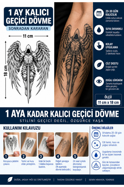 TattooLiva 1 Ay Kalıcı 24 Saat Sonra Kararan 11x18 cm Büyük Boy Savaşcı melek...