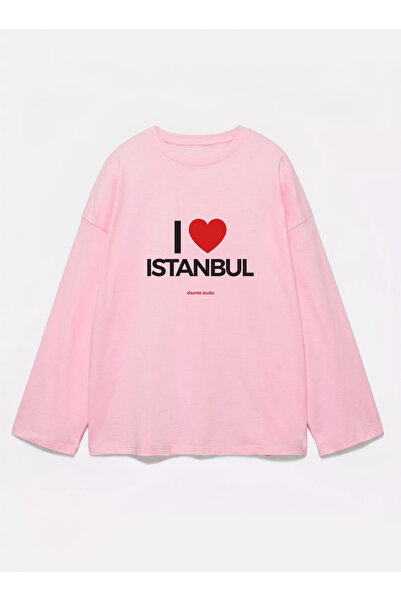 Disante 100% Βαμβάκι Oversize Fit I love istanbul Με στάμπα - Μακρυμάνικο μπλ...