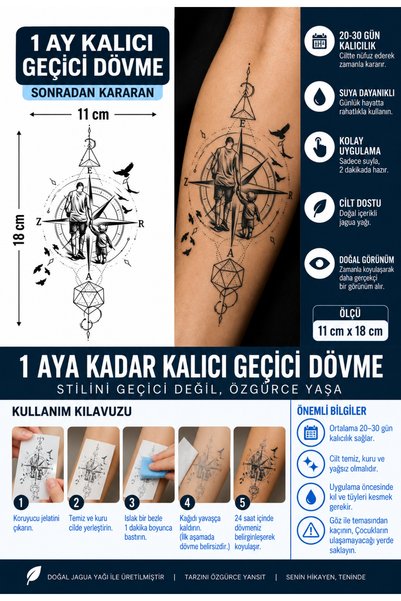TattooLiva 1 Ay Kalıcı 24 Saat Sonra Kararan 11x18 cm Büyük Boy Baba Oğul Pus...
