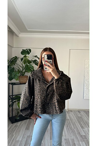 perchemfashion Leopar Desen Kapüşonlu Ceket