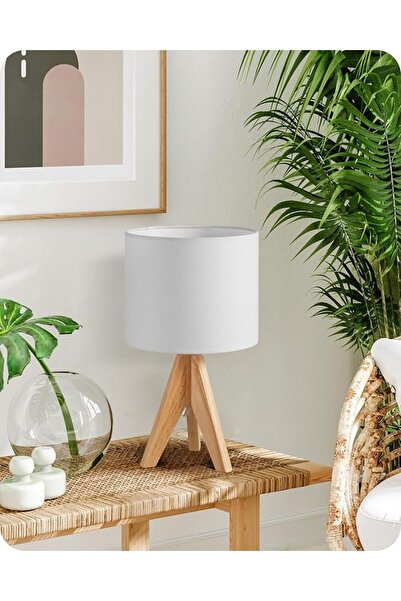 EDISHINE 36cm Wooden Table Lamp, Tripod Bedside Lamp with Linen Lampshade