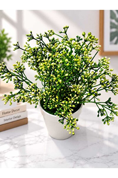 Generic Brand نبات أخضر اصطناعي مع فروع مزهرة ووعاء أبيض زخرفي بطول 27 سم