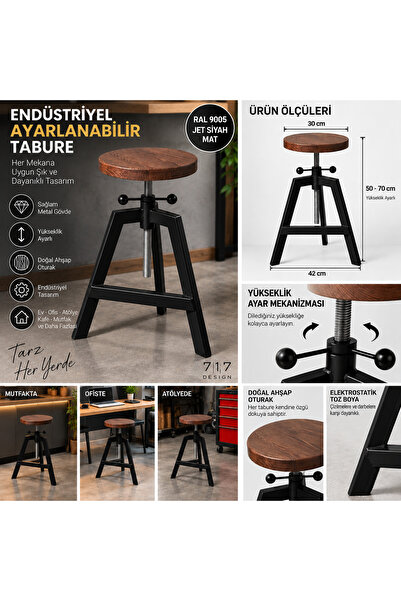 Yüksekliği Ayarlanabilir Bar Taburesi | Döner Metal Tabure | Endüstriyel Mutfak Ada & Cafe Taburesi