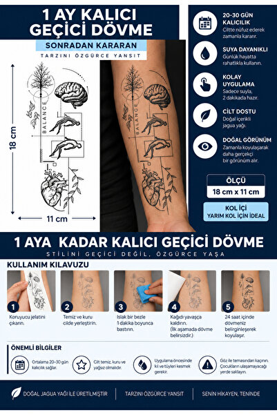 TattooLiva 1 Ay Kalıcı 24 Saat Sonra Kararan 11x18 cm Büyük Boy Kalp Beyin Ta...