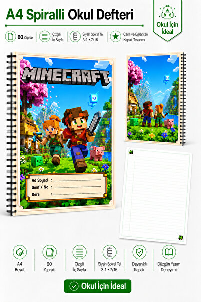 Morinna Minecraft Temalı A4 Spiralli Defter 60 Yaprak Kareli veya Çizgili Say...