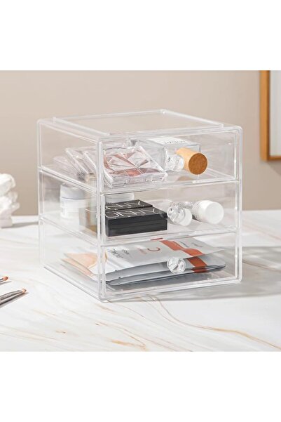 KASTWAVE Transparent Acrylic Makeup Organizer Box with 3 Drawers, Cosmetic St...