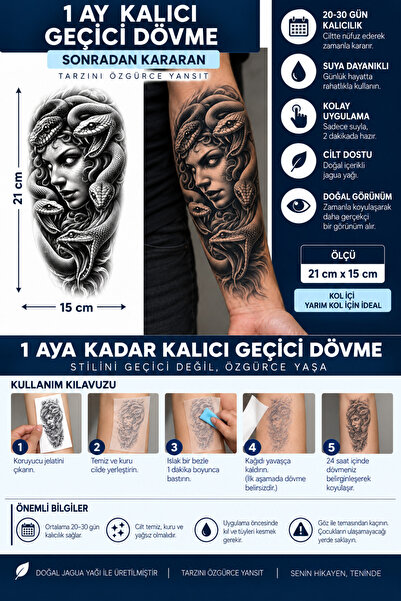 TattooLiva 1 Ay Kalıcı 24 Saat Sonra Kararan 15x21 cm Yarım Kol Medusa dövmes...