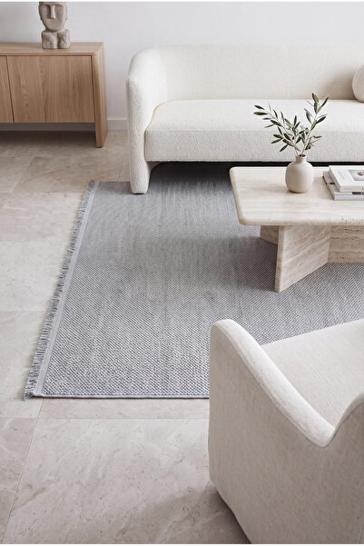 Geus Halı Modern Gri Sisal Halı Leke tutmaz Yıkanabilir Saçaklı Mutfak Halısı...