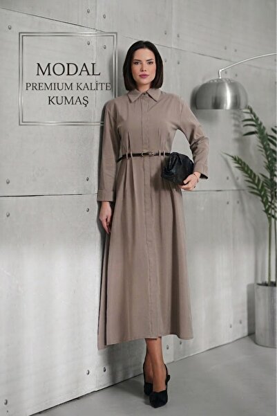 Hisleria Women's Mink Shirt Collar Belted Modal Long Dress