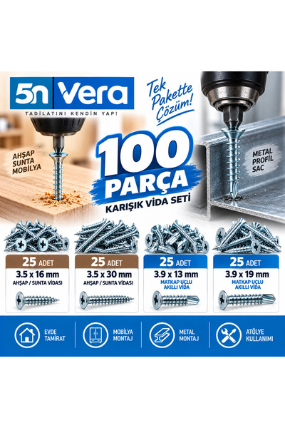 5N VERA 100 Parça Karışık Vida Seti – Ahşap Sunta Vidası + Matkap Uçlu Akıllı...