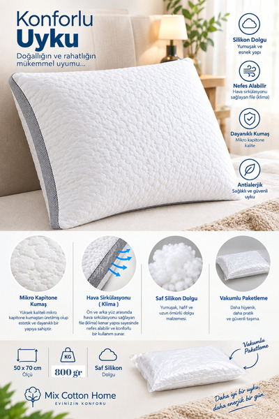 2 Adet Klimalı Silikon Yastık -Ultra Konfor- 800 Gram Saf Silikon