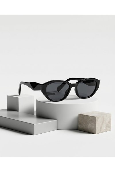 funeyes Stella Black Cat Eye Polarized Glass Red Geometric Cut Handle Detailed Acetate Metal Hinged Sunglasses