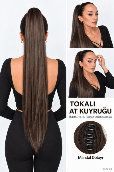 Suzan Peruk Düz Uzun Tokalı Mandalllı At Kuyruğu - Gerçek Saç dokusunda -