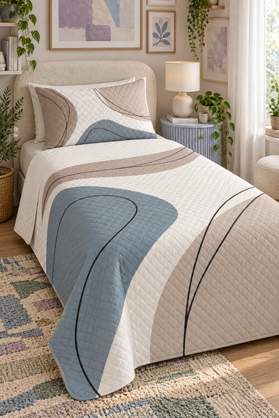 milbaygrup Single Quilted Pique Set – Beige Blue Abstract Geometric Patterned...
