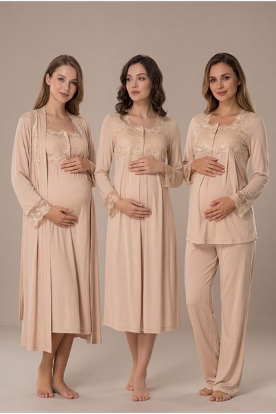 LOHOUSE Women's Beige Lace Long Sleeve Maternity Nightgown Pajama Set with Ea...