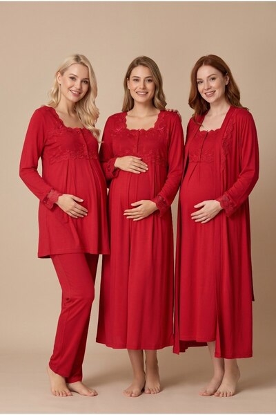 LOHOUSE Women's Fuchsia Lace Long Sleeve Maternity Nightgown Pajama Set with ...