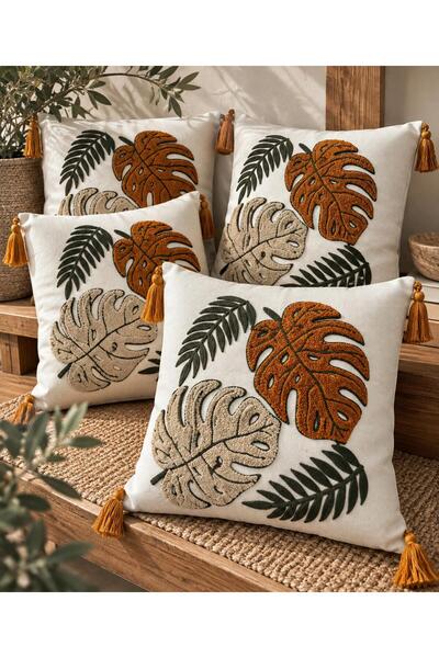 Maison Diane Home Tropikal Turuncu-Bej Yaprak Desenli Punch 4'Lü Dekoratif Kı...
