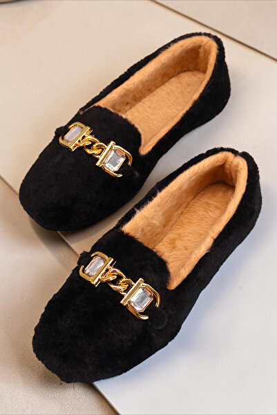 HFKY Women's Gold Chain, Crystal Stone Detailed Plush Indoor Ballerinas. Home...