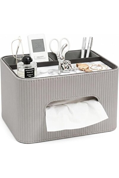 GENERAL Tissue Box Cover Rectangle with Storage Organizer,Grey Leather Tissue...