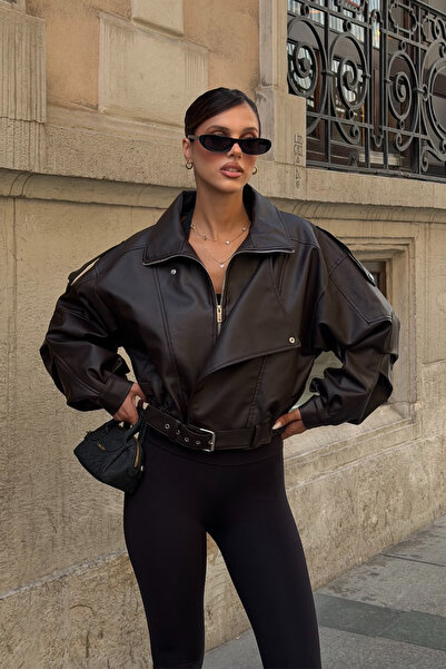 NET OF NOT ZR Model Acı Kahve Oversize Dik Yaka Kemerli Deri Ceket