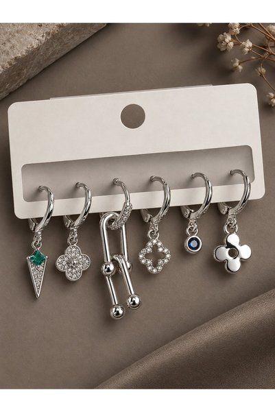 serelya Brass Silver Color Zircon Stone Multiple Figure Women's Earring Set