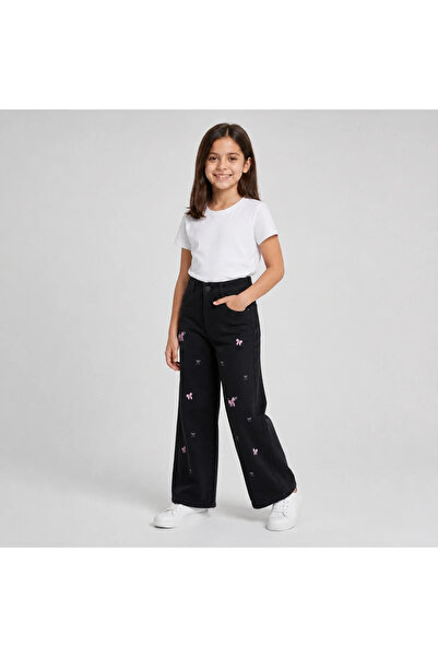 LUGMO Girl's Bow Embroidered Palazzo Jeans – High Waist Wide Leg Jeans