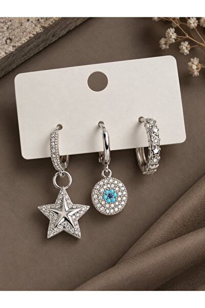 serelya Brass Gold Color Zircon Stone Star Model Evil Eye Bead Detail 3-Piece...