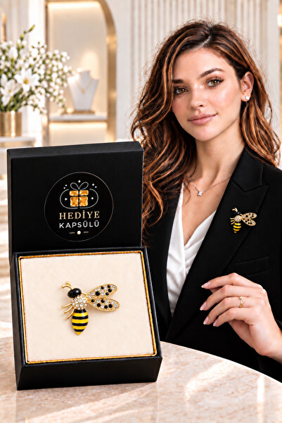 PULİNİN DÜKKANI Taşlı Arı Broş Gold Renk Siyah Çizgili Şık Kadın Ceket ve Yak...