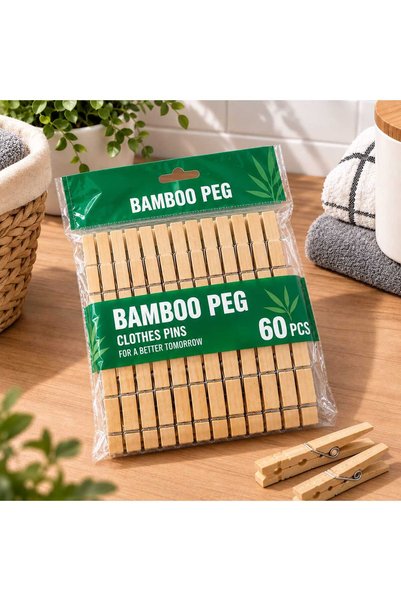 ÇEMİ 60 Pieces Natural Bamboo Clothes Pegs - 6.1 cm Medium Size Durable Pegs Set